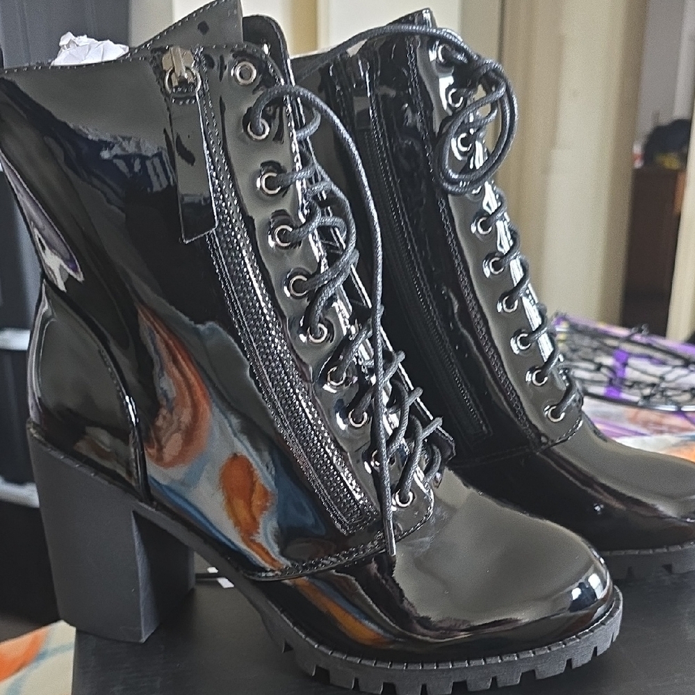 Fashion Nova Black Patent Lace Up Boots